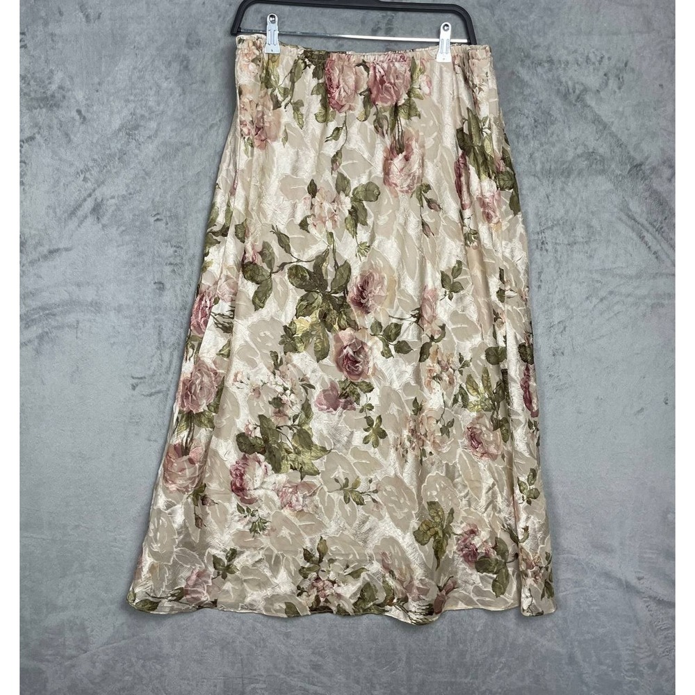 Vintage 90s Cottagecore Crinkle Satin Maxi Skirt Plus 18 Floral Stretch Waist - Picture 2 of 8